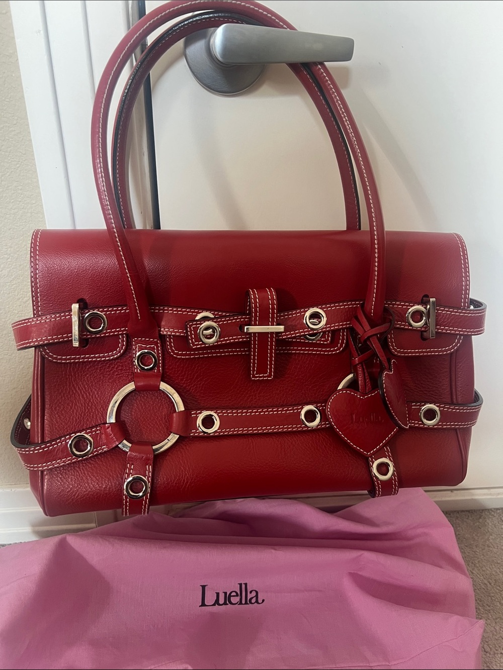 Red Leather Satchel with Silver Hardware